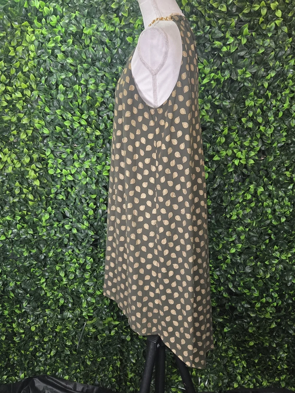 Michael Kors Olive Green Halter High-Low Dress with Gold Dot Print